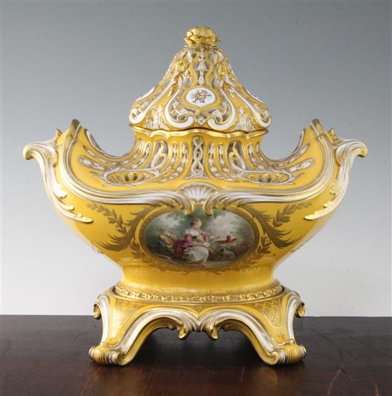 A Mintons bone china yellow ground gondola shaped vase, cover and stand, c.1894, in imitation of a Sevres pot pourri, 37cm, broken at t